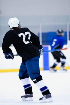 Rear view of two ice hockey players playing ice hockey
