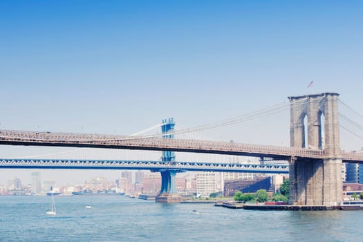 Suspension bridge across a river, Brooklyn Bridge, Manhattan, New York City, New York State, USA