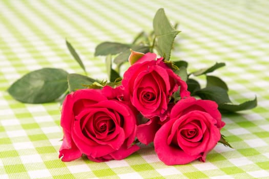 Bouquet of red roses on table with checkered tablecloth