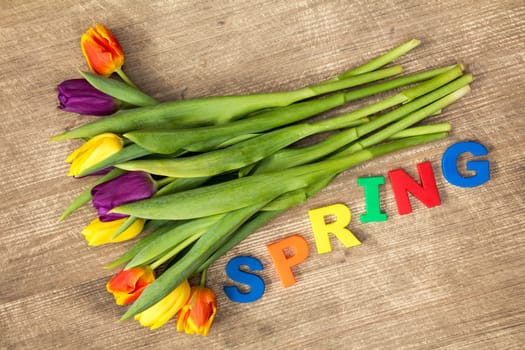 Lettering SPRING and bouquet of colorful tulips
