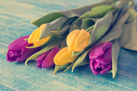 Bouquet of colorful tulips lying on blue wooden background
