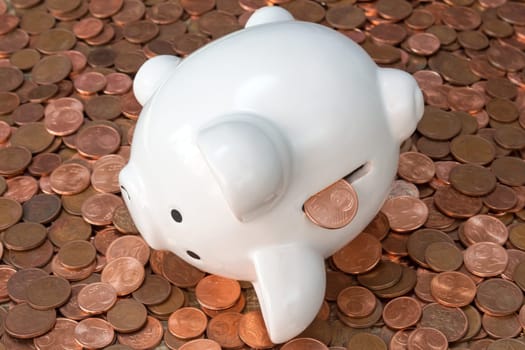Piggy bank on pile of copper coins (Euro cents)