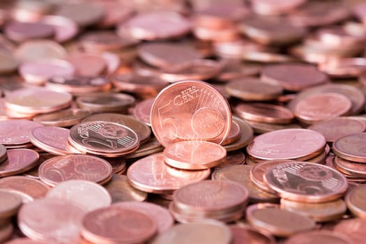 Close up shot of a heap of euro cent coins of different denominations