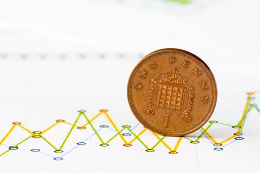 One penny coin and fluctuating graph. Rate of the British currency