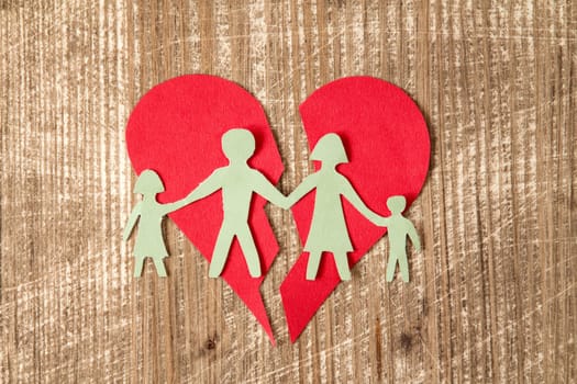 Paper family with broken heart on wooden table , divorce concept