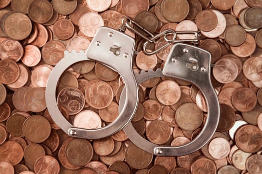 Handcuffs and pile of coins as security concept