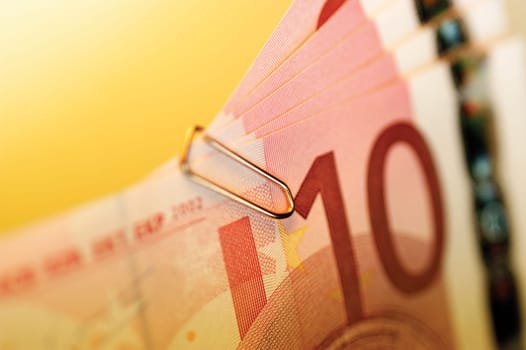 Close-up of ten Euro banknotes