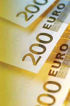 Close-up of two hundred Euro banknotes