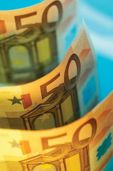 Close-up of an array of fifty Euro banknotes