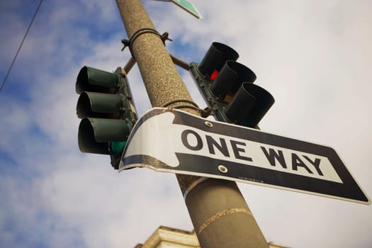 Low angle view of one way sign