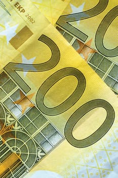 Close-up of two hundred Euro banknotes