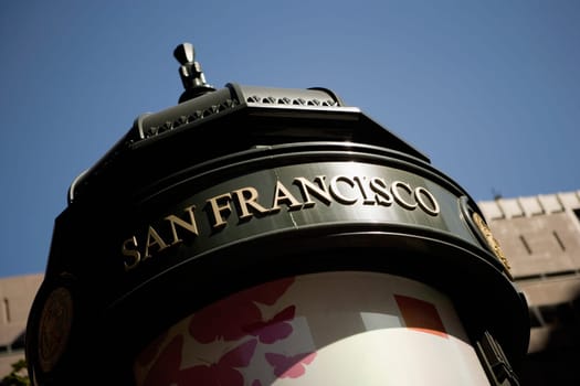 Low angle view of an information tower, San Francisco, California, USA