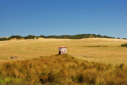 High angle view of a building in a field
