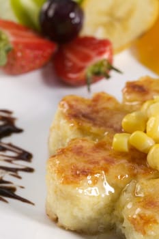 High angle view of corn cakes in a plate