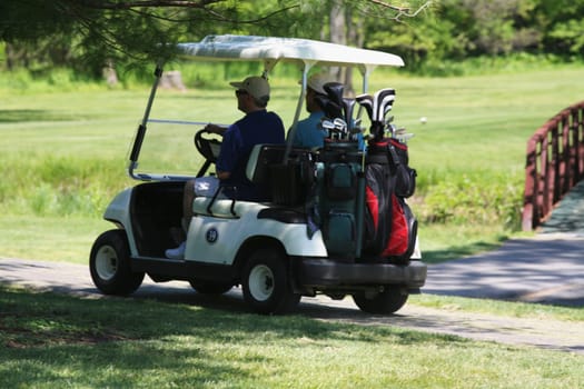 Rear view of two men on a golf cart