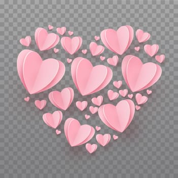 Gently pink-red hearts in the form of a big heart on a transparent background - Illustration