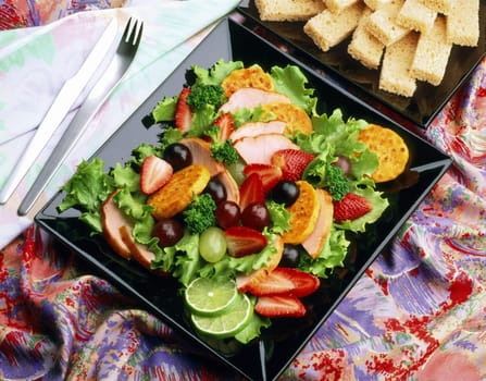 High angle view of ensalada con frutas on a plate