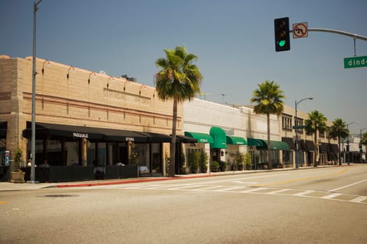 Shops lining a sidewalk, Rodeo Drive, Los Angeles, California, USA