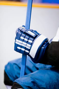 Mid section view of an ice hockey player holding an ice hockey stick