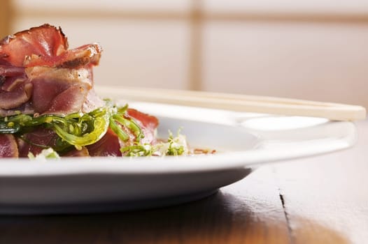 Close-up of prepared pork in a plate
