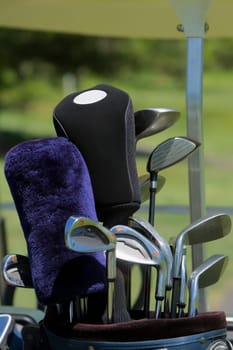 Close-up of golf clubs in a golf bag
