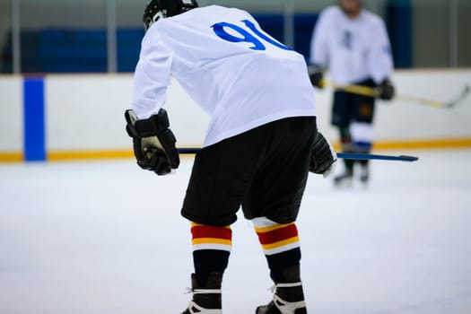 Rear view of an ice hockey player playing ice hockey