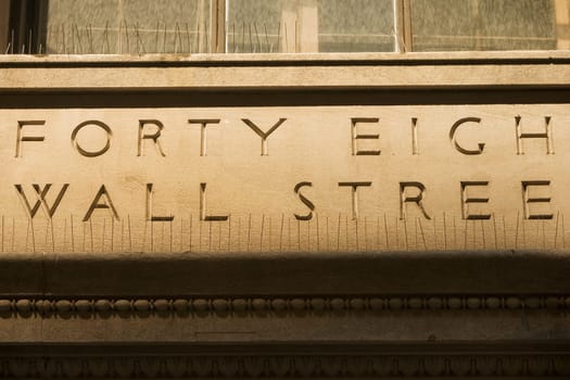 Text engraved on a wall, Wall Street, Manhattan, New York City, New York State, USA