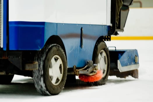 Close-up of an ice resurfacing machine in an ice rink