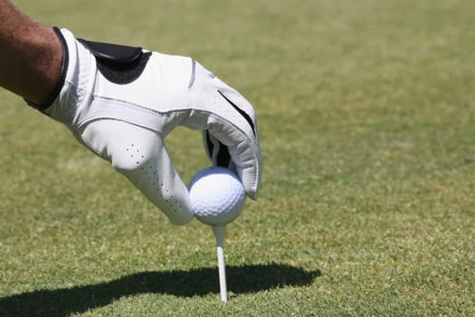 Close-up of a personŽs hand positioning a golf ball on a golf tee