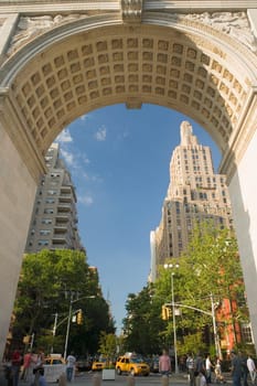 Buildings seen through an archway