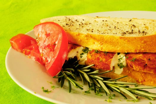 Close-up of a sandwich with tomato slices on a plate