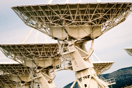 Low angle view of radio telescopes, VLA radio telescope, New Mexico, USA