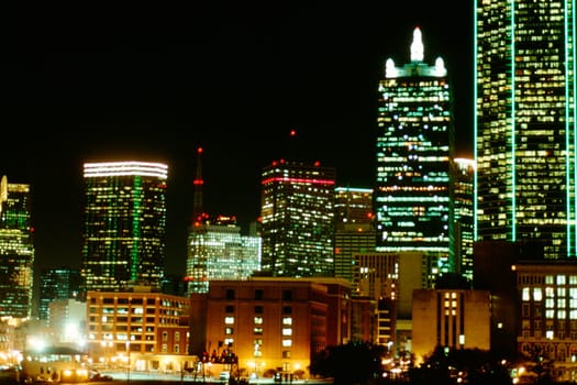 Buildings lit up at night, Dallas, Texas, USA