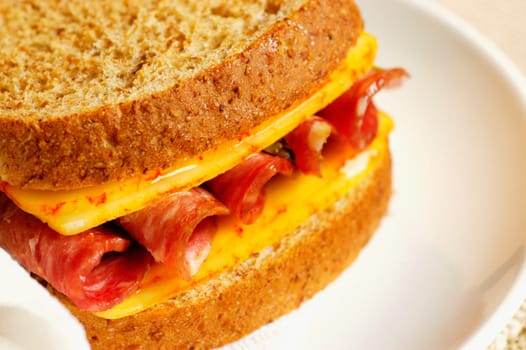 Close-up of roast beef and cheese sandwich on a plate
