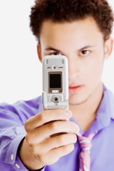 Close-up of a businessman taking a picture of himself