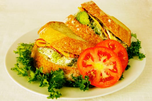 Close-up of tomato slices and sandwiches on a plate
