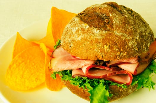 Close-up of a roast beef burger in a plate