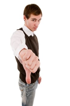 Frontal torso shot of a young man showing the thumb of his right hand down and looking negative at the camera against white background.