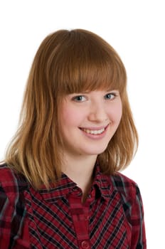 Head-and-shoulder portrait of a young woman in a checked blouse against white background..