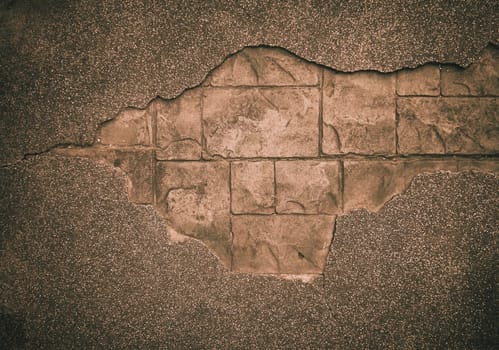 Big crack in old messy concrete wall . cracked concrete wall covered with gray cement surface as background . old shabby concrete and brick cracks. Vector separate elements for wall decor.a hole