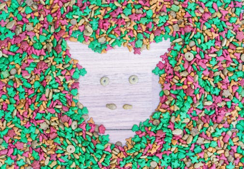 Top view dry cat food on wooden background with copy space