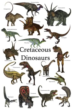 A collection of various dinosaurs and reptiles that lived in the Cretaceous Period of Earth's history.