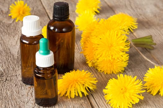 Herbal medicine dropper bottles with dandelion flowers on wooden background
