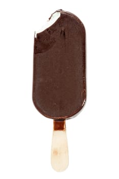 Bitten ice cream covered with chocolate, isolated on white background