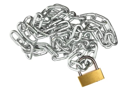 Padlock with metal chain on a white background