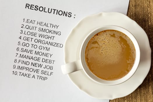 Cup of cappuccino with list of new resolutions for better life