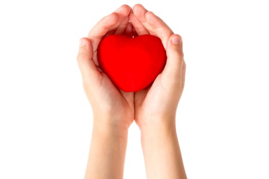 Little girl holding heart in her hands,isolated on white background