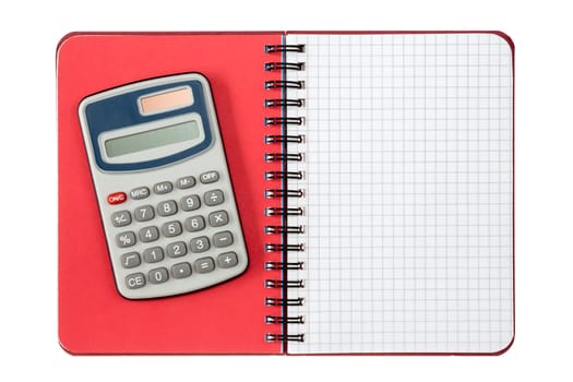 Digital calculator and spiral notebook ,isolated on white background