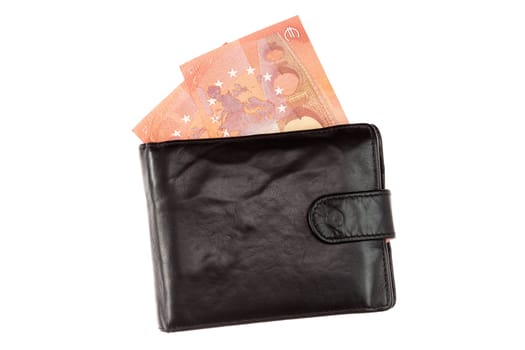 Money in black leather wallet, isolated on white background