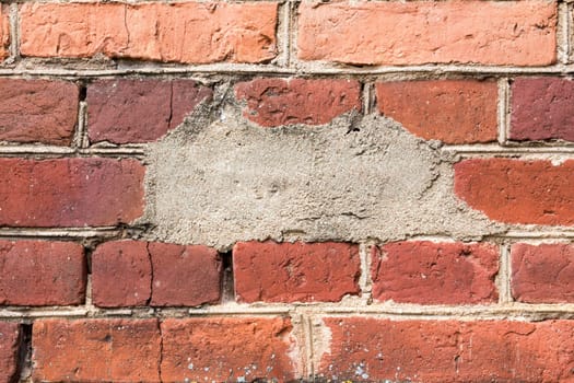 Messy red brown old shabby uneven brick wall background texture